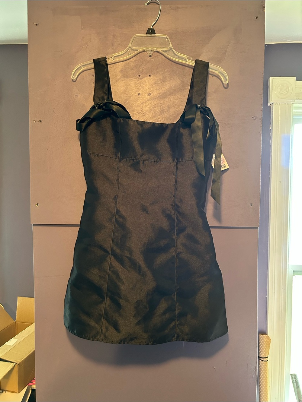 Current Mood black satin mini dress with bow detail, size S